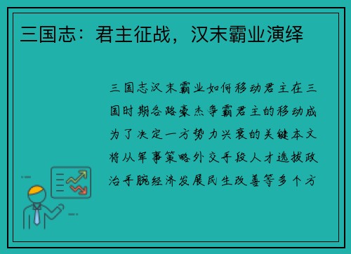 三国志：君主征战，汉末霸业演绎