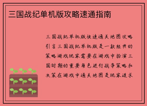 三国战纪单机版攻略速通指南