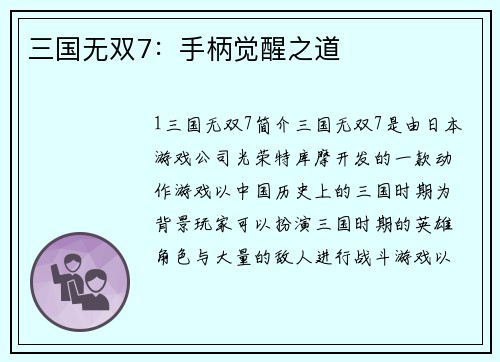 三国无双7：手柄觉醒之道